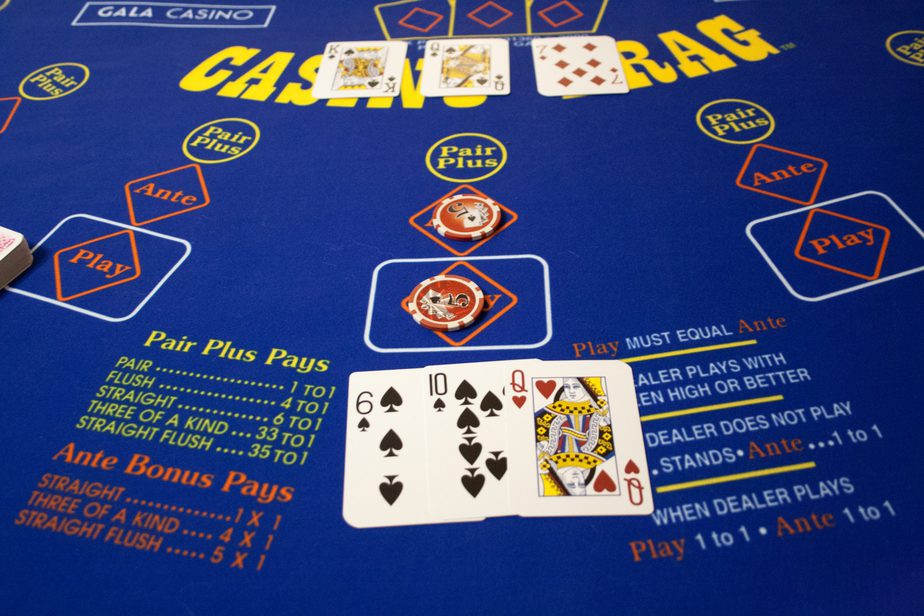 3 Card Brag table layout with a three-card hand, ante and pair plus chips