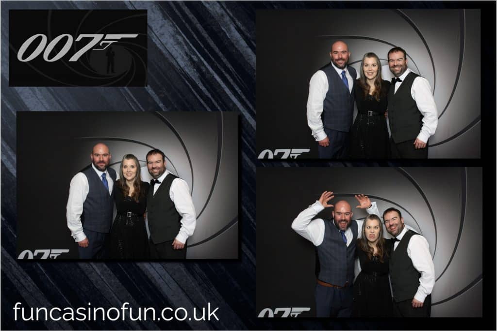 Group photo booth shot with fun props at an evening celebration