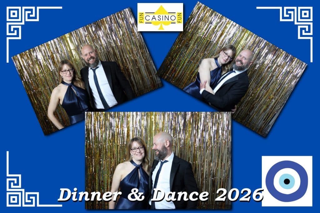 Dinner and dance guests posing with photo booth props